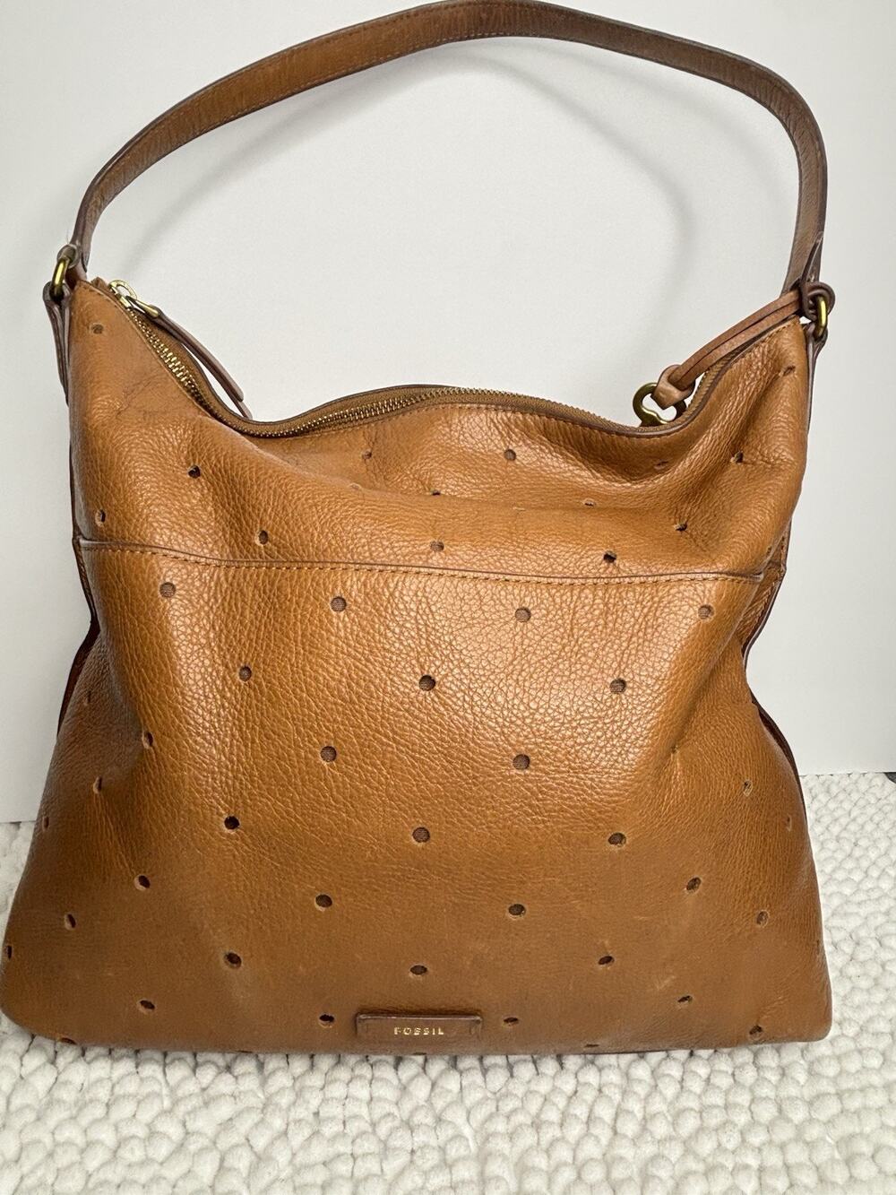 Fossil perforated leather hobo Julia shoulder bag purse in Cognac brown